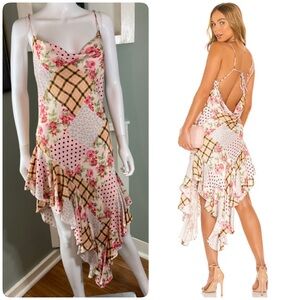 For Love And Lemons Marissa Satin Asymmetrical Slip Dress Patchwork Floral Small